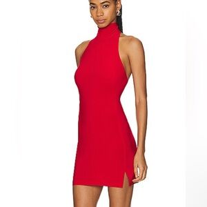 Norma Kamali Halter Turtle Side Slit Mini Dress in Tiger Red $130 msrp